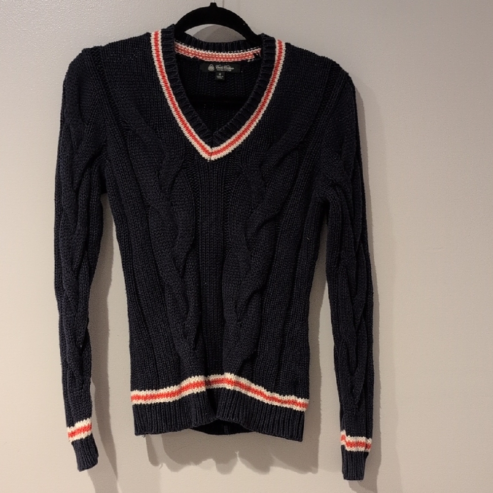 Brooks Brothers Navy V-Neck Sweater with Red and White Accents